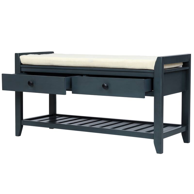 Shoe Rack with Cushioned Seat and Drawers, Multipurpose Storage Bench, Antique Navy - 39"L x 14"W x 19.8"H