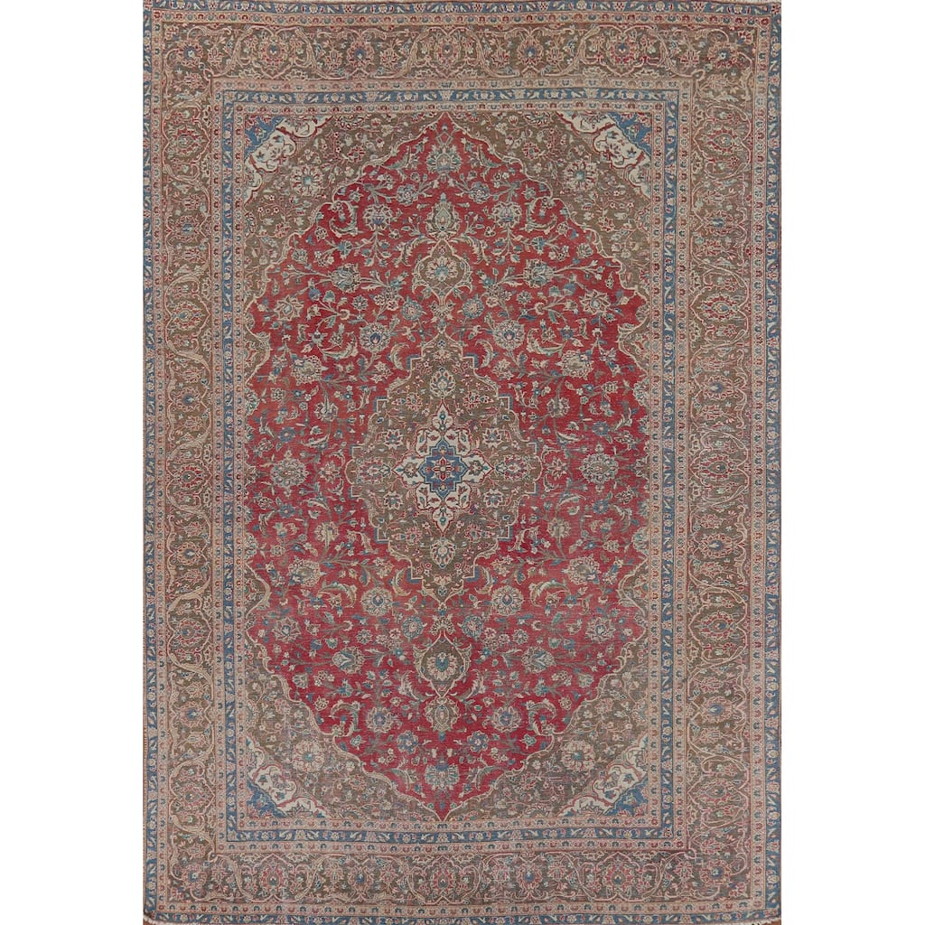 Traditional Floral Mashad Persian Vintage Rug Handmade Wool Carpet - 9'0"x 12'8"