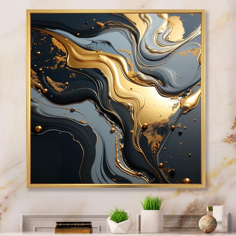 Designart "Gold And Grey Volcano Fusion I" Abstract Marble Gold Wall Decor - Modern Bedroom Framed Canvas Wall Art - 30 in. wide x 30 in. high - Gold