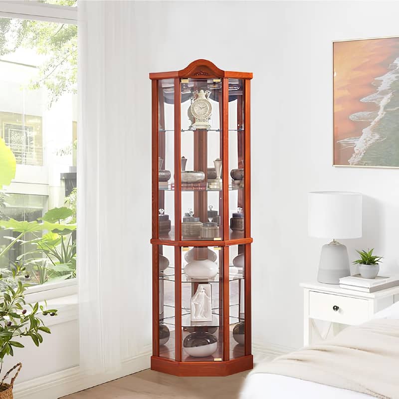 Roomfitters Wooden Corner Display Curio Cabinet, Lighted China Cabinet with Tempered Glass Door