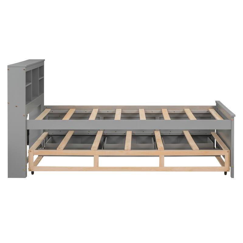 Platform Bed with Storage Headboard, USB, Twin Size Trundle and 3 Drawers