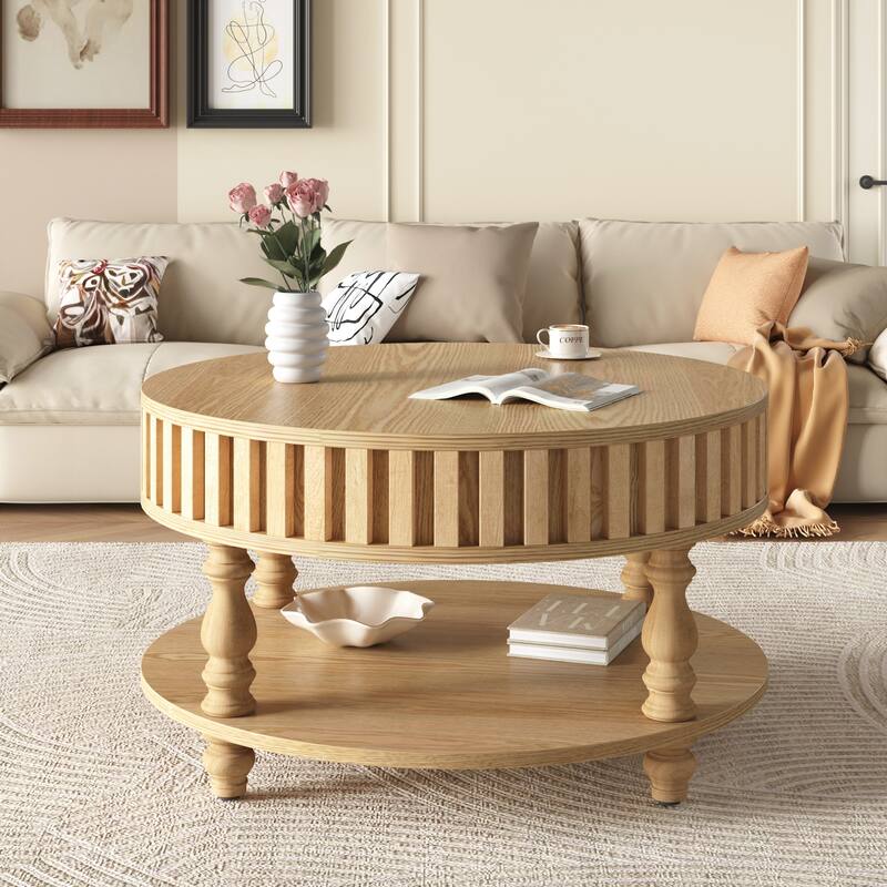 Farmhouse Fluted Coffee Table with Storage and Flip-Top Lids