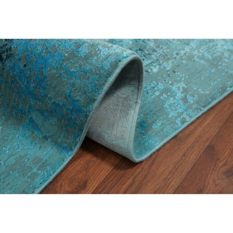 Machine Made Oriental Polyester Carpet Geometric Navy Blue & Blues Distressed Area Rug - 7' 5'' X 5' 2''