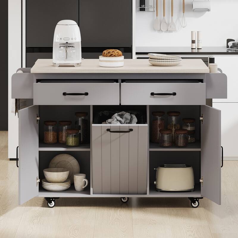 51.06'' Particle Board Kitchen Island with Drop Leaf, RollingWheels, Spice Rack, Towel Rack and Drawers