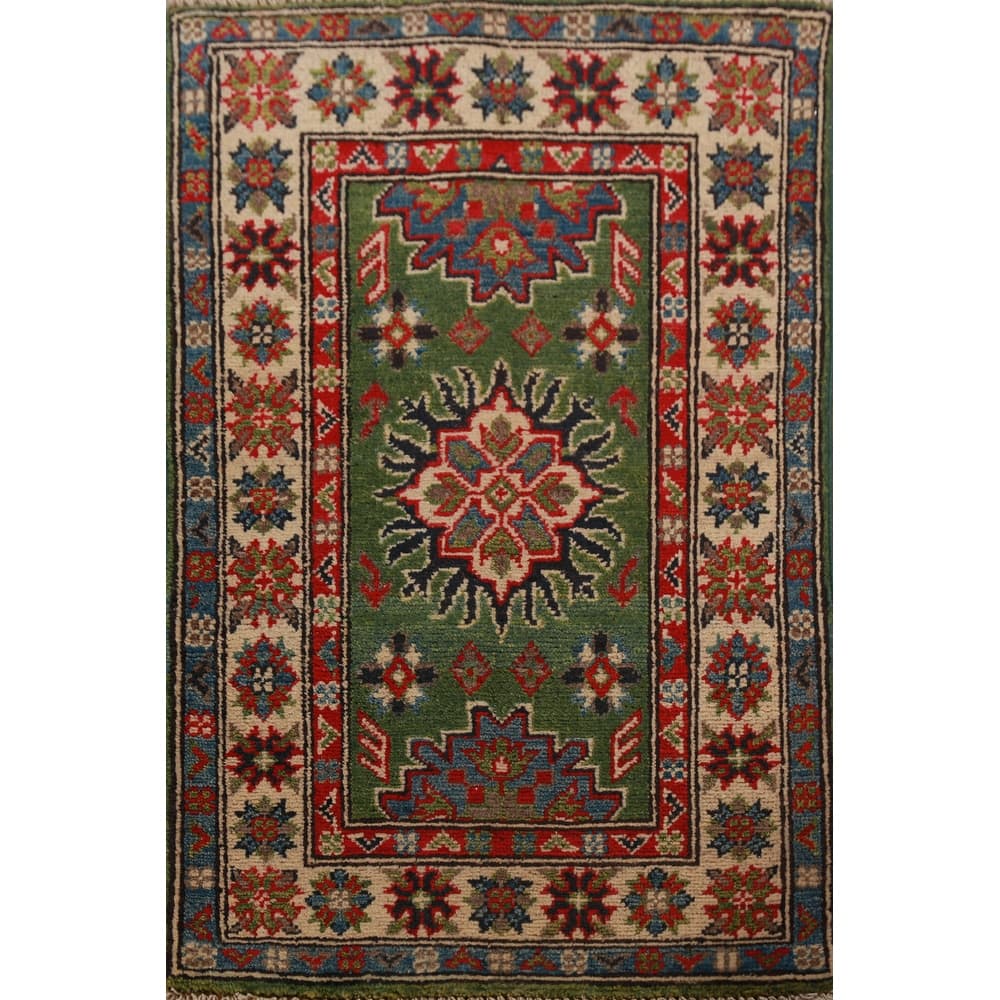 Green Geometric Kazak Oriental Foyer Rug Handmade Wool Carpet - 2'0"x 3'0"