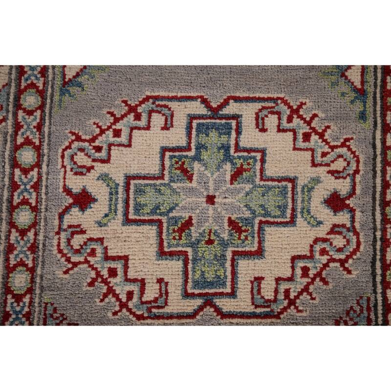Grey Geometric Kazak Oriental Runner Rug Handmade Wool Carpet - 2'8" x 20'0"