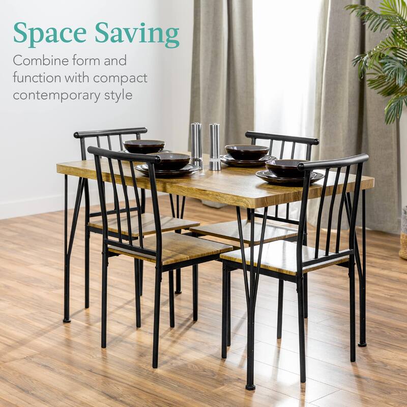 5-Piece Metal and Wood Indoor Modern Rectangular Dining Table Set for Kitchen, Dining Room, Dinette, Breakfast Nook w/ 4 Chairs