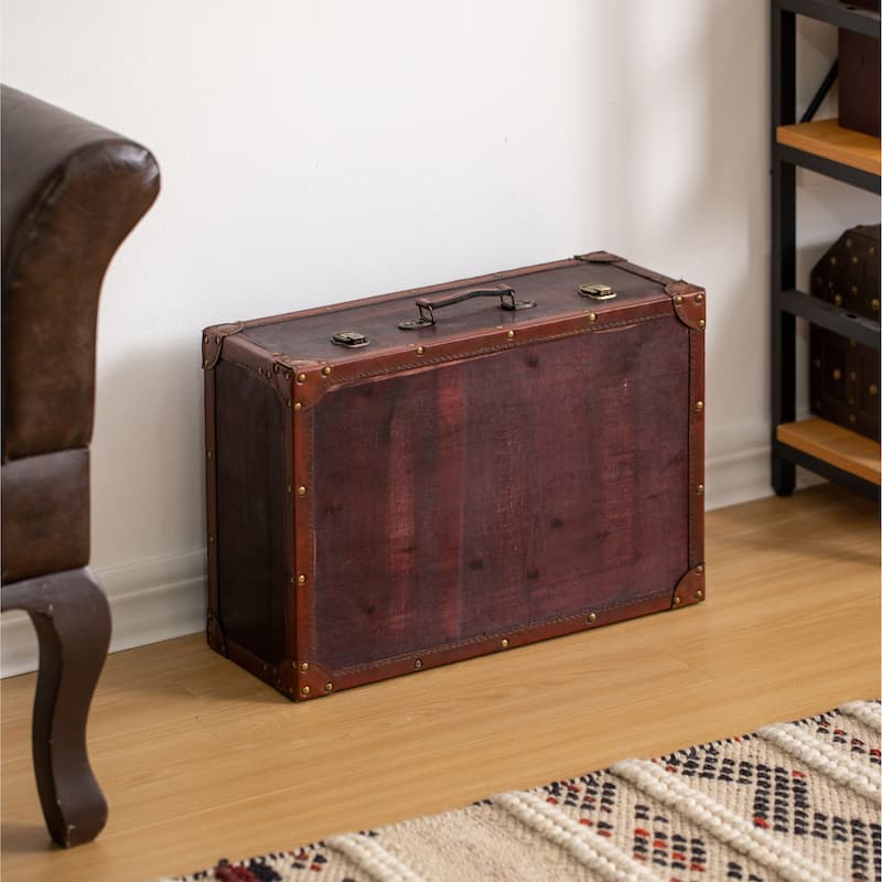 Vintiquewise Cherry Wooden Vintage-style Suitcase with Leather Trim - Exact Color