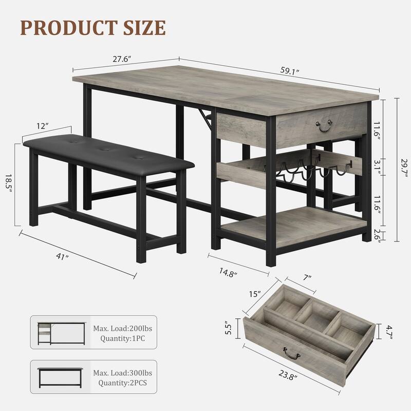 3 Piece Dining Table with Upholstered Benches, Storage Drawer
