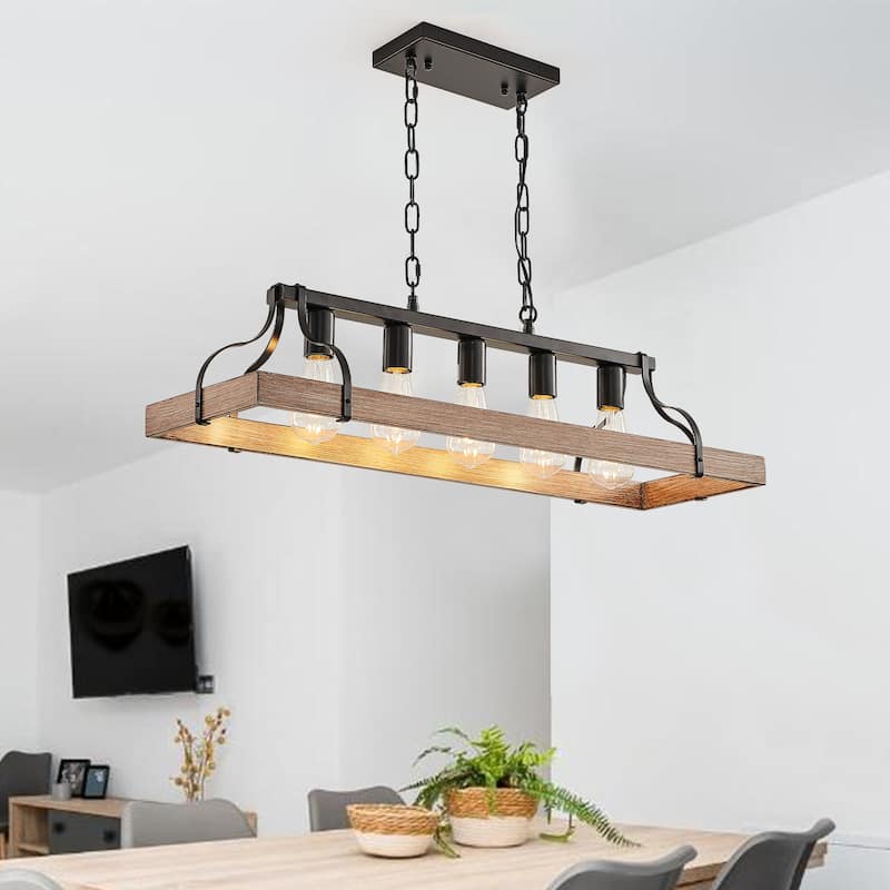 34" Linear Industrial Pendant Light – 5-Bulb Adjustable Farmhouse Chandelier for Kitchen Islands (Bulbs Not Included)‌