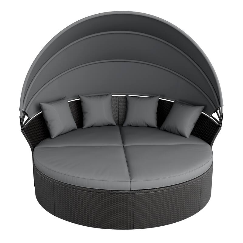 Nuon 4-piece Outdoor Black Wicker Patio Round Daybed Sectional Sofa Set with Retractable Canopy by Havenside Home