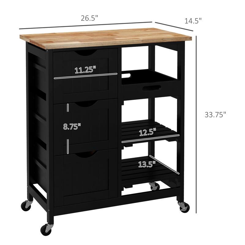 Rolling Kitchen Island Cart, Bar Serving Cart, Compact Trolley on Wheels with Wood Top, Shelves & Drawers for Home Dining Area