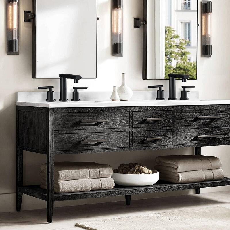 Modern 2 Handle Waterfall Bathroom Sink Faucet with Pop Up Drain Assembly and Lead Free Supply Hose, Rust Resistant