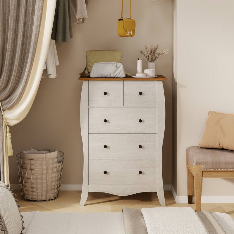 Gymax 2PCS 38'' Farmhouse Chest of Drawers w/ 5 Folding Fabric Drawers