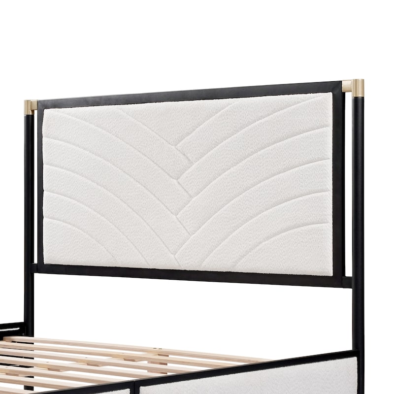 Boucle Upholstered Platform Bed, Metal Bed Frame, Wooden Slats Support