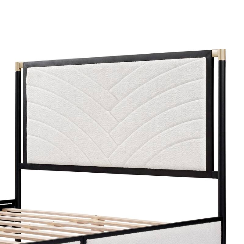 Roomfitters Metal Platform Bed Frame with White Boucle Headboard and Wood Slats, White and Black
