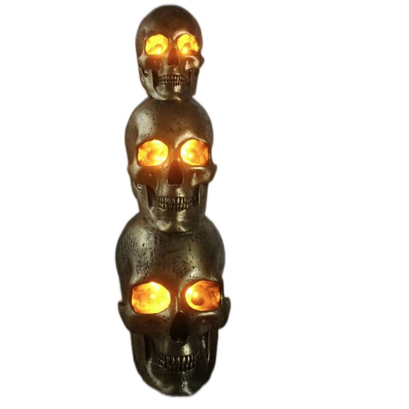 Haunted Hill Farm 3-Ft. Golden Skull Stack Prelit LED Resin Figurine, Indoor or Covered Outdoor Halloween Decoration, Plug-In