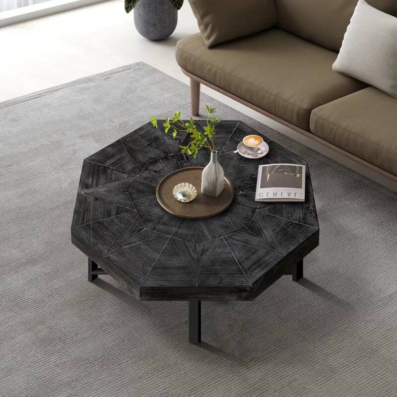 Octagonal Retro Patchwork Farmhouse Coffee Table with Wooden Tabletop Cross Metal Legs, for Living Room Antique Brown