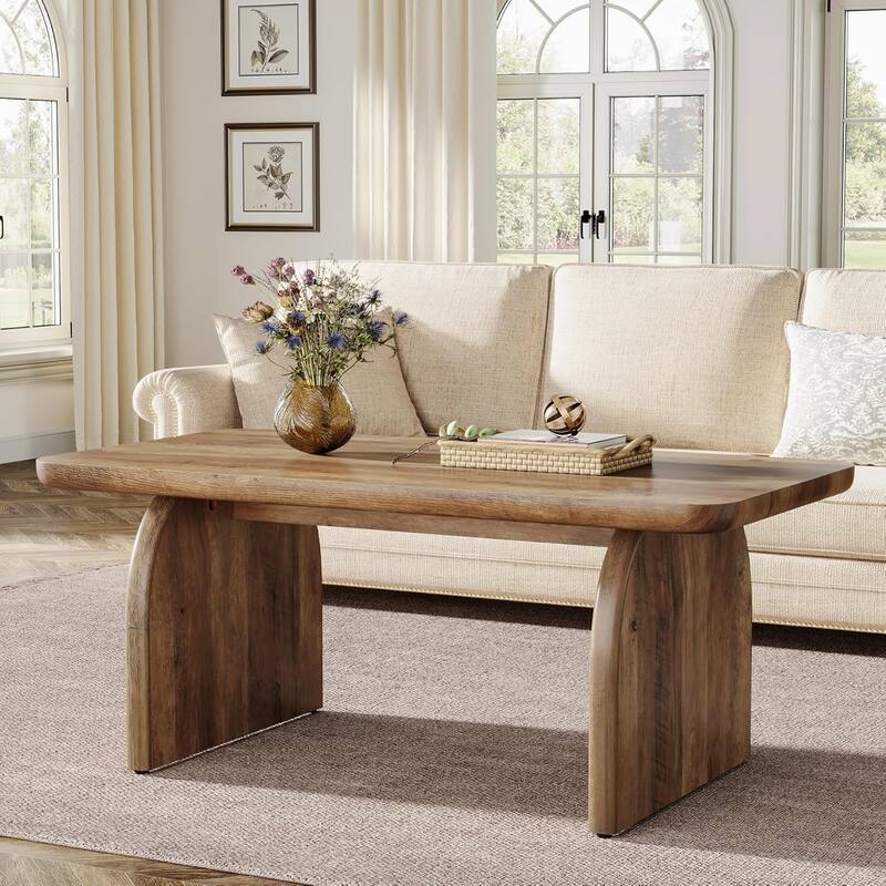 47"Rectangle Coffee Table, Wooden Living Room Table, Accent Center Low Cocktail Tea Table with Sturdy Base & Rounded Corners - Brown