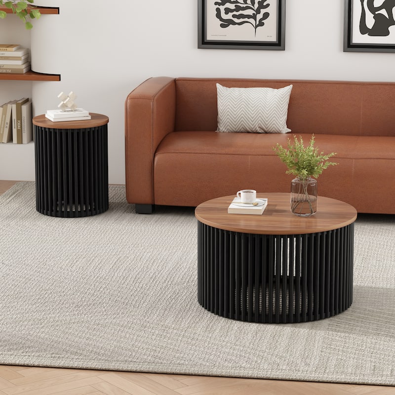 Roomfitters Round Table with Walnut Top and Vertical Slatted Black Base, Modern Accent Table, Walnut+Black