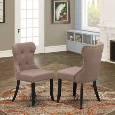 Upholstered Dining Chairs - Linen Fabric Parsons Chairs with Nailhead Trim - Set of 2