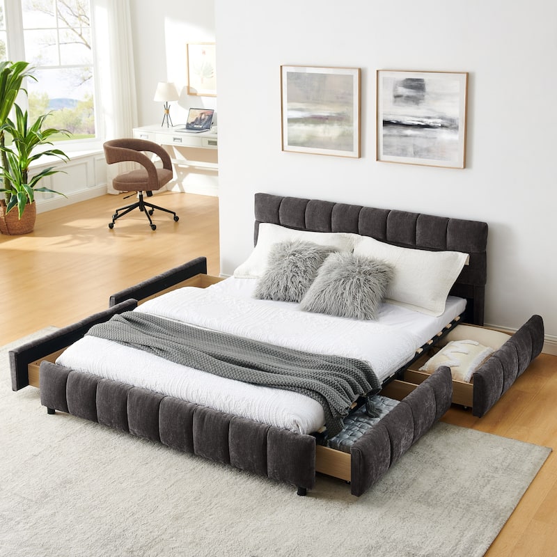 Block Thick Chenille Low Profile Platform Bed Fabric Upholstered Bedframe with Headboard Solid Wood Frame - Optional Storage Bed - Dark Grey with Drawers - Queen