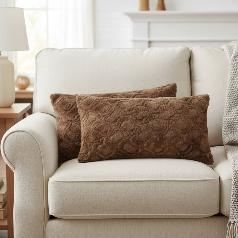 HomeRoots Set of Two 12" X 20" Brown Faux Fur Lumbar Throw Pillows