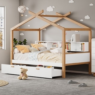 White Twin Size Wooden House Bed Original Wood Colored Frame