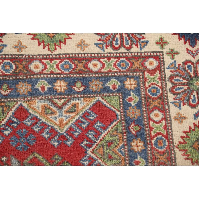 Geometric Kazak Area Rug Hand-Knotted Oriental Wool Carpet - 4'11" x 6'3"