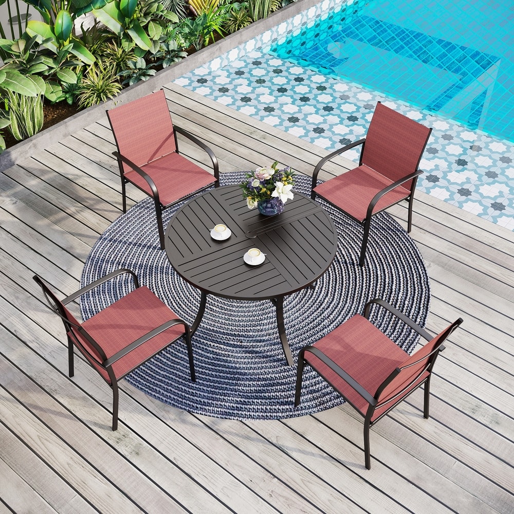 MAISON ARTS 5-Piece Patio Dining Set, Geometrically Stamped Round Table and 4 Textilene Dining Chairs