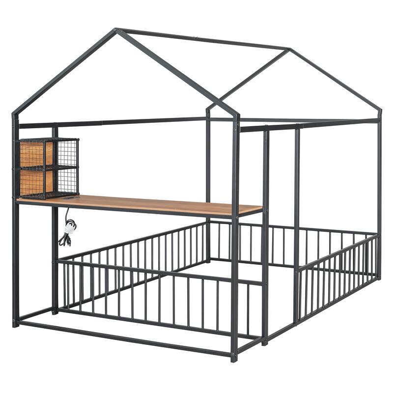 Full Size Metal Bed House Bed Frame with Desk, Shelves, Power Outlets and USB Ports, Black