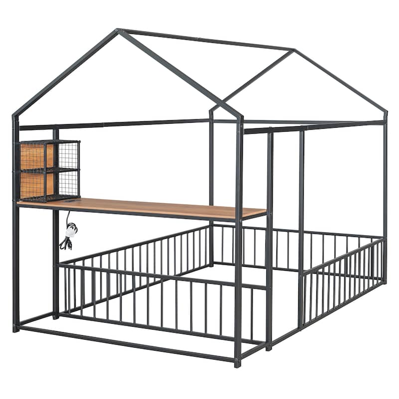 Full Size Metal Bed House Bed Frame with Desk, Shelves, Power Outlets and USB Ports, White