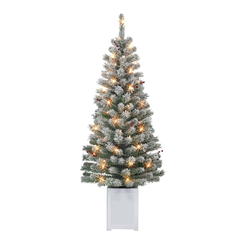Set of 2 Potted Flocked Western Spruce Artificial Christmas Trees 5' - 5 Foot