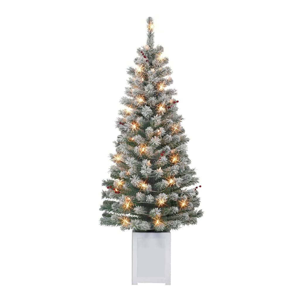 Set of 2 Potted Flocked Western Spruce Artificial Christmas Trees 5' - 5 Foot