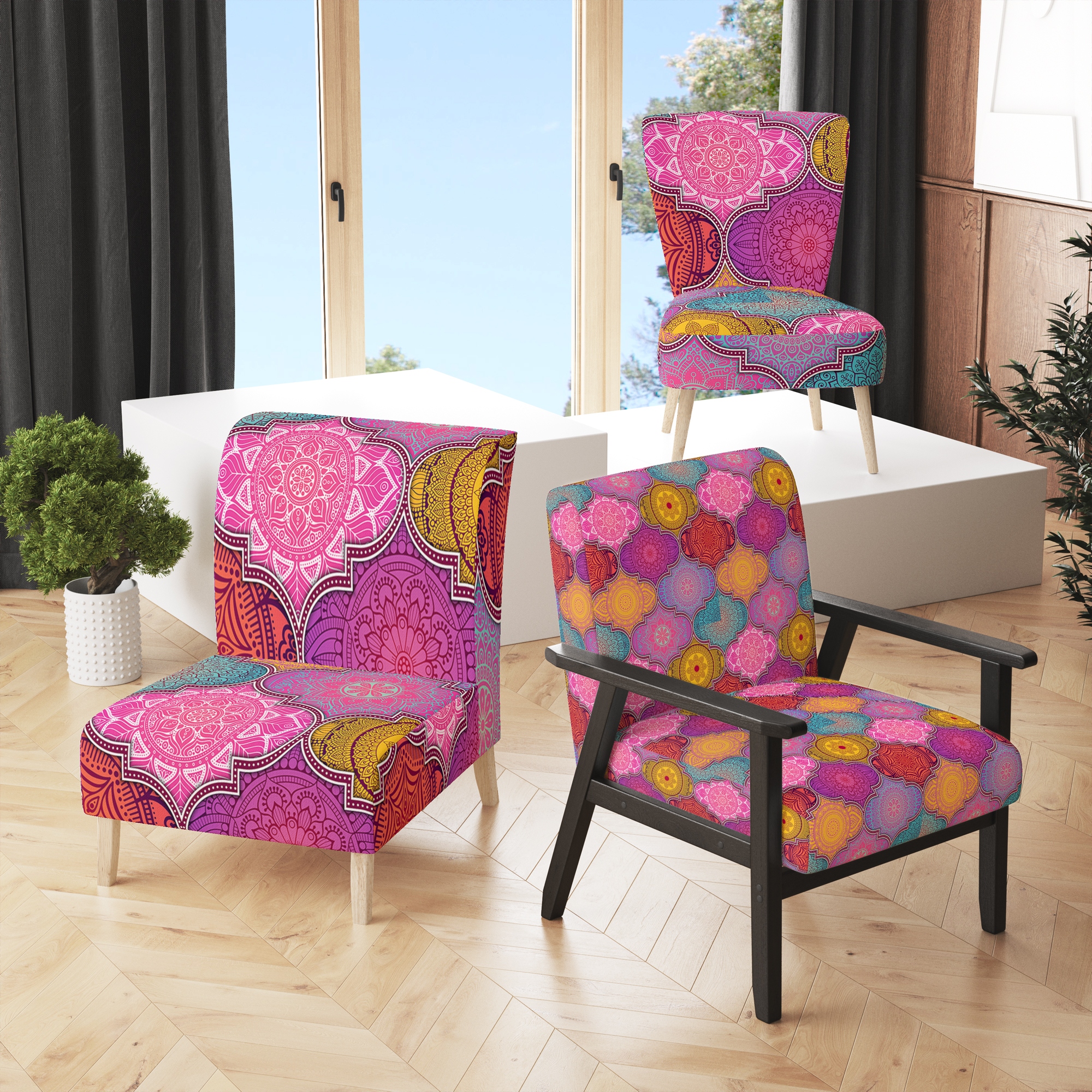 Multicolor accent chair with clearance arms