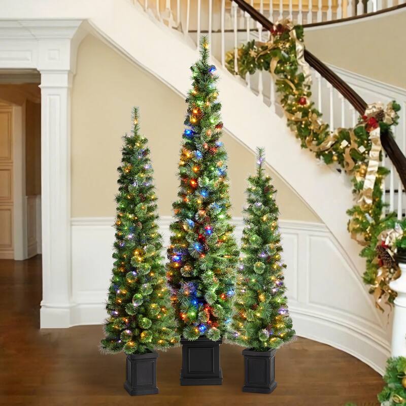 Glitzhome 5ft/6ft/7ft Pre-Lit Green Pine Christmas Potted Porch Tree with LED Lights and Remote Control