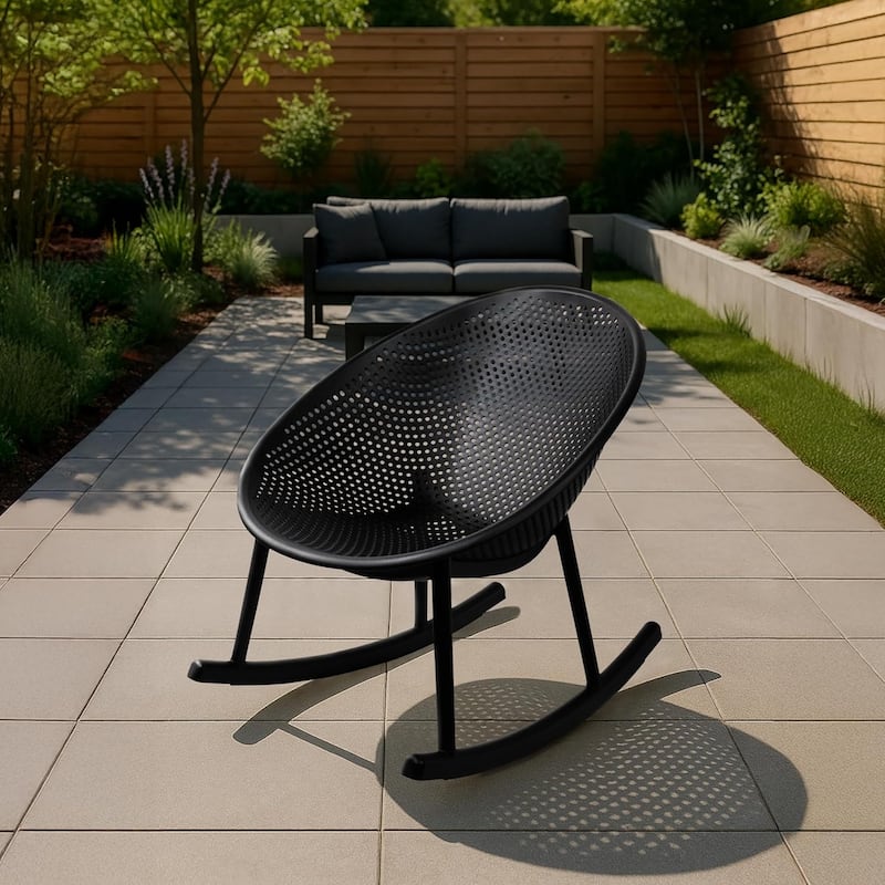 Contemporary Modern Plastic Rocking Lounge Chair Plastic Legs with Breathable Perforated Egg Shaped Seat for Indoor/Outdoor Use - Black