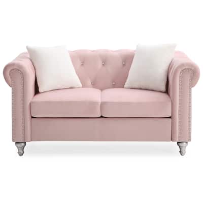 Tufted Faux Jewel Velvet 2-Seater Sofa with Throw Pillows - 60" - Pink