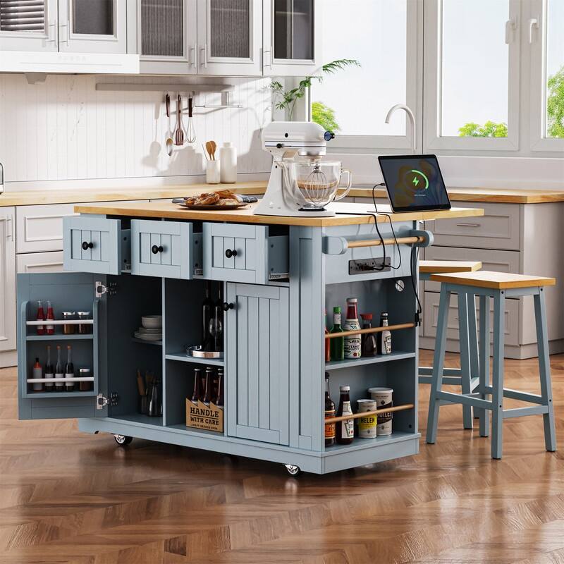 3-Piece/1 Piece Kitchen Island Set with/without 2 Bar Stools, Kitchen Cart on Wheels with 3 Drawers, Drop Leaf & Open Side Racks - Kitchen Island Set-Grey Blue