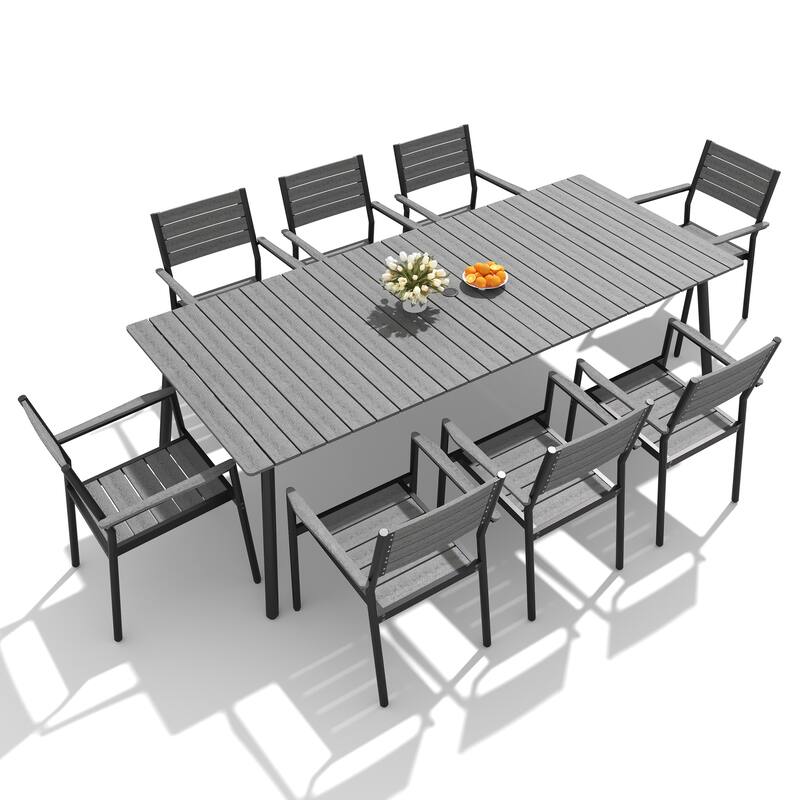 9-Piece Outdoor Patio Dining Set Aluminum Dining Table with Umbrella Hole and Stackable Chairs