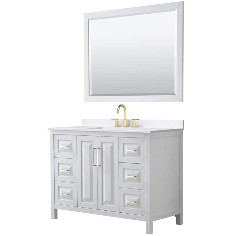 Daria 48-inch Single Vanity, 3 Hole Quartz Top, 46-inch Mirror - White, Gold Trim, White Quartz Top