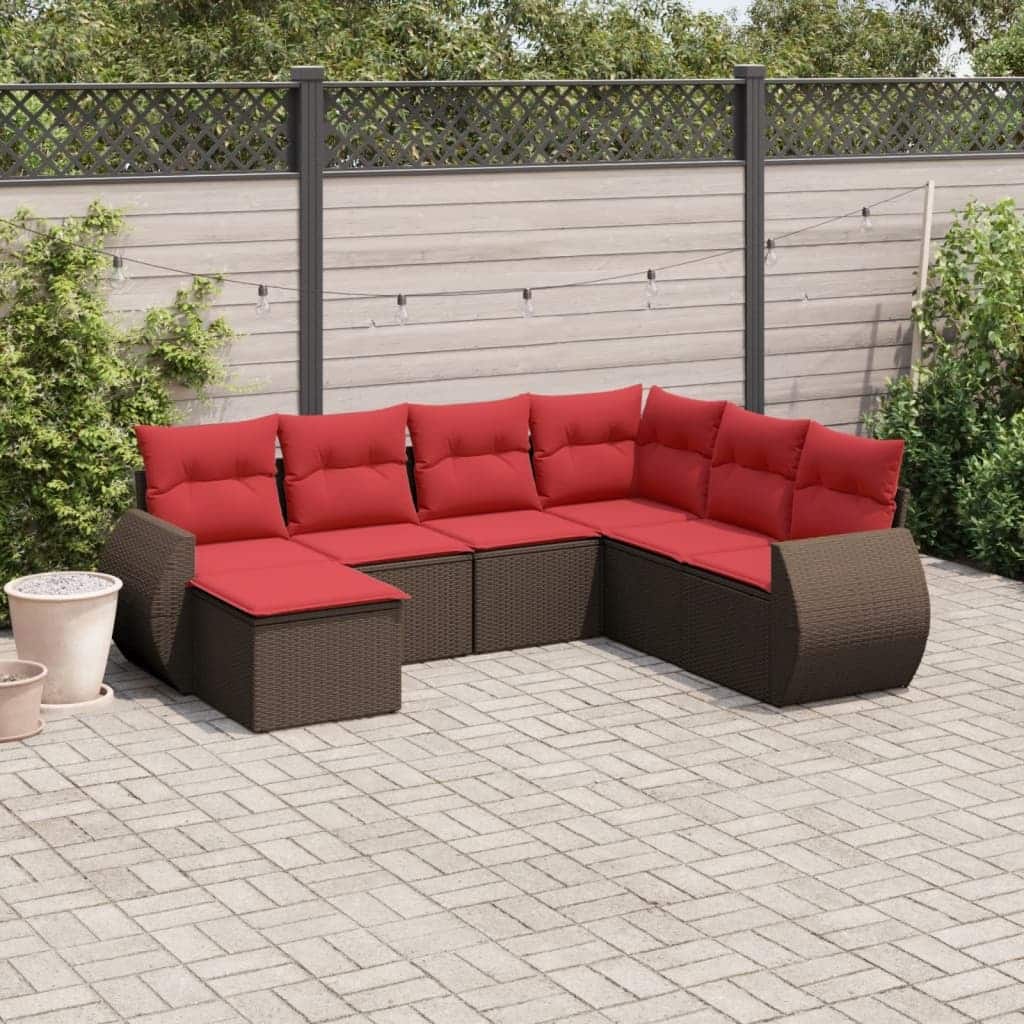 vidaXL 7 Piece Patio Sofa Set with Cushions Brown Poly Rattan - 24.4 x 24.4 x 27.2 (W x D x H)