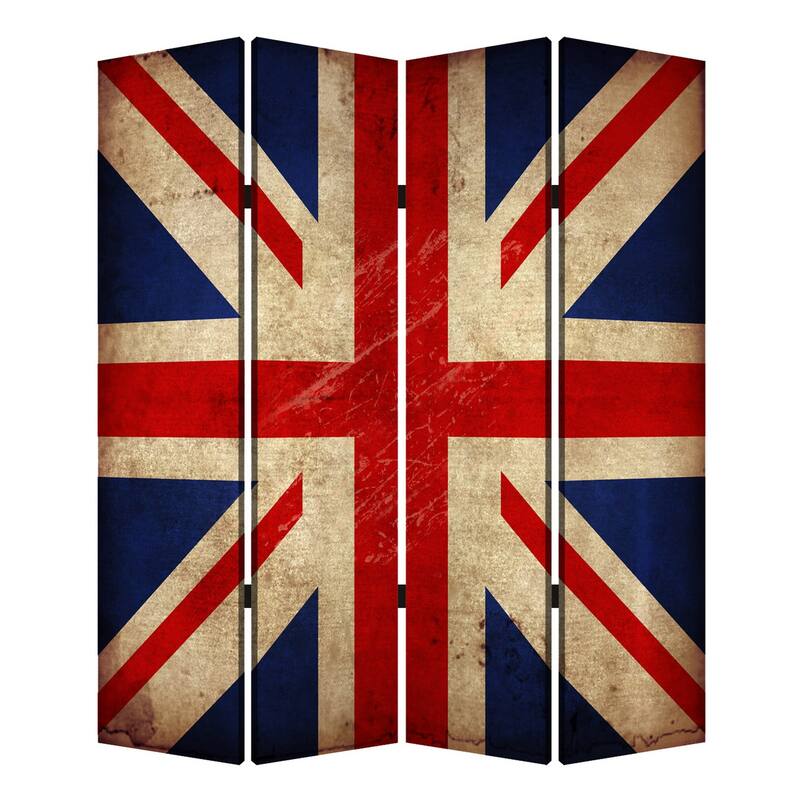 Alfie 71 Inch Folding Screen Room Divider, Union Jack Printing, 4 Panels - Red, White, Blue
