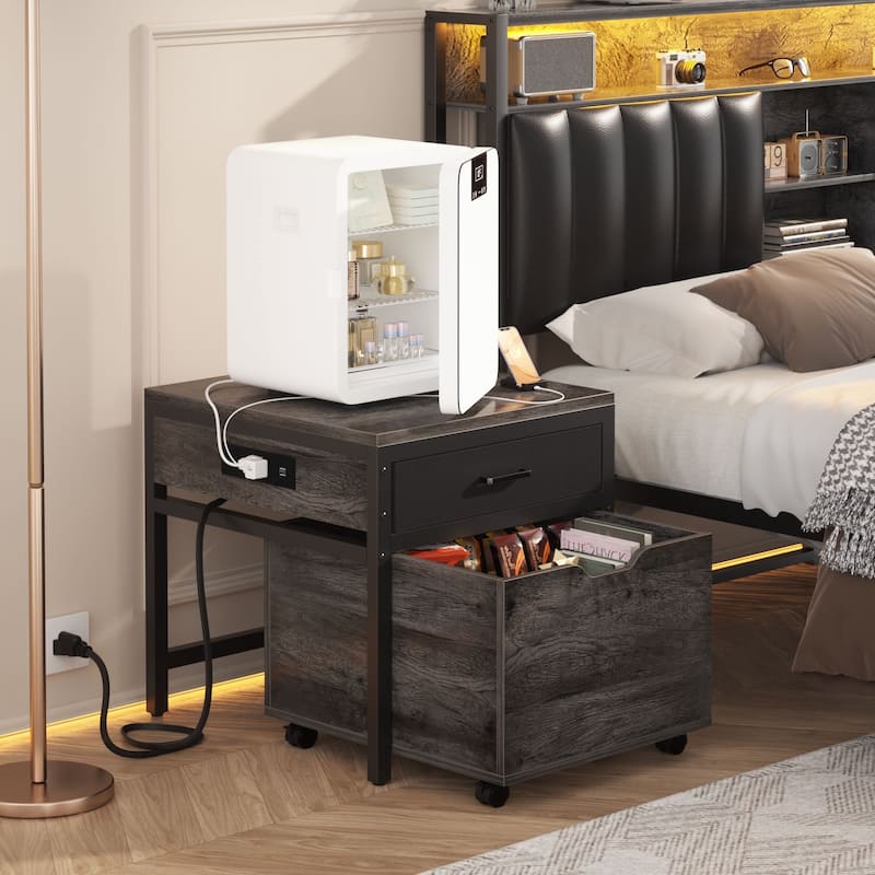 Modern Farmhouse Nightstand with Charging Station, Living Room End Table with Rolling Cabinet - Grey Oak