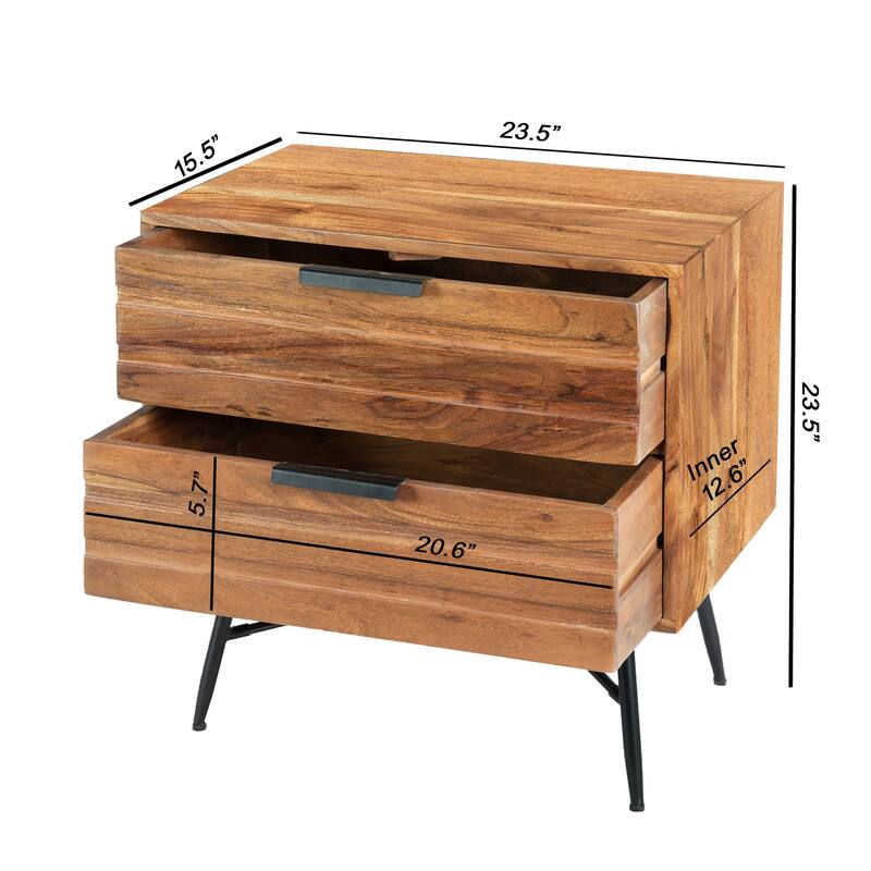 2 Drawer Wooden Nightstand with Metal Angled Legs, Black and Brown