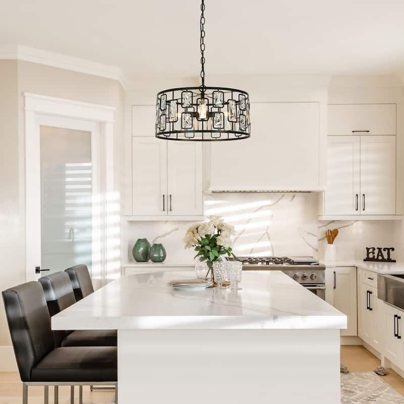 Dana Modern 4-Light Crystal Black Drum Chandelier for Dining Room Foyer - D16.5"* H9.5"