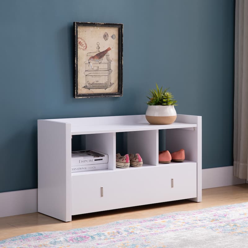 Entry Bench with Storage Drawer and Three Shelves - White