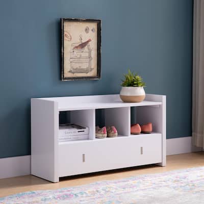 White Entryway Shoe Bench, Three Shelves Organizer with Storage Drawer