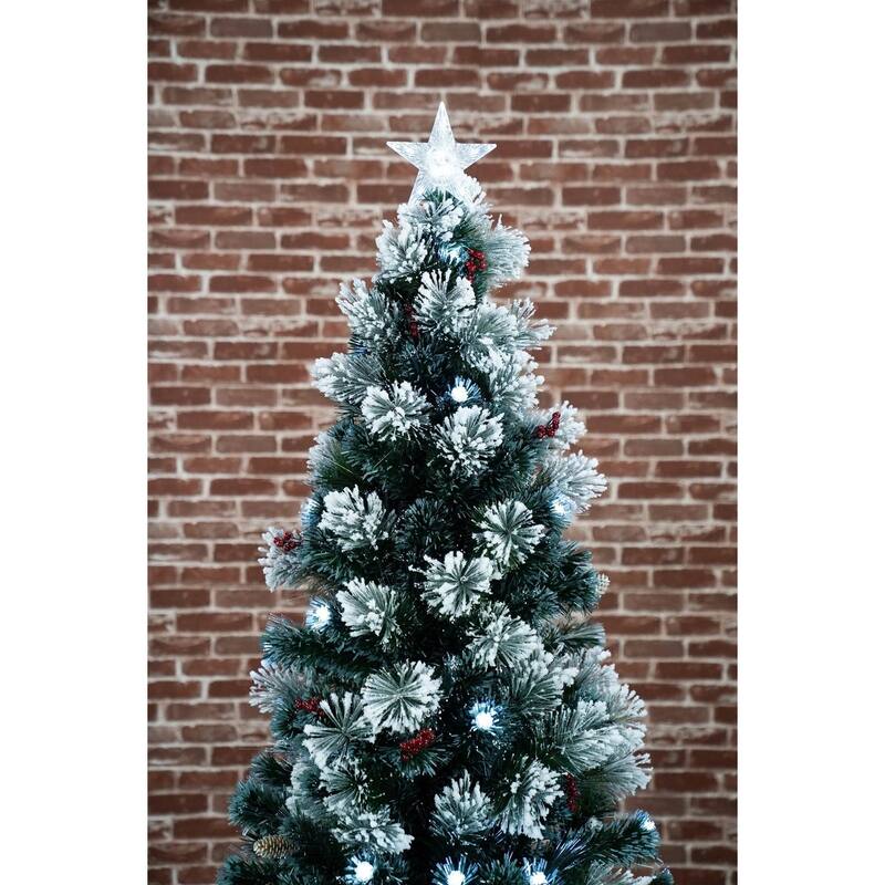 72" White Red Fiber Optic Snow Artificial Christmas Tree Cones Berries - 6 Foot