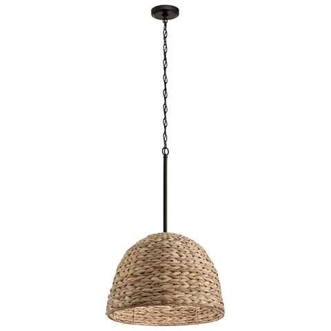 Raffiana 18"W 1-Light Pendant Light Fixture by Kichler Olde Bronze Finish with White Acrylic Globe and Rattan Shade
